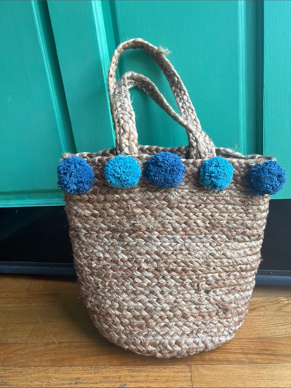 Anthropologie boho resort jute Tote with Teal and Navy Pom-Poms